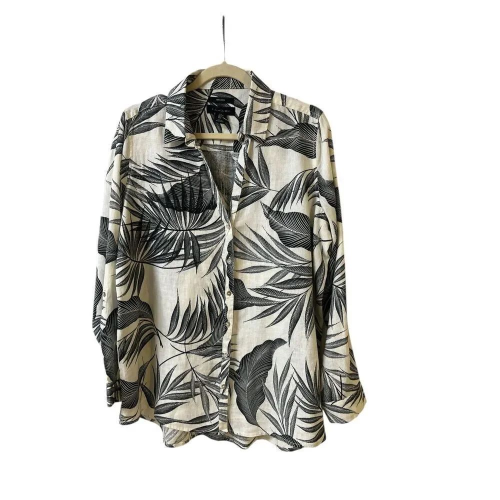 Tahari linen leaf print button down top blouse sz Large